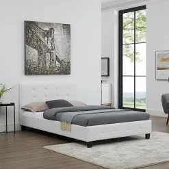 Idimex Lit simple MARLON, 120 x 190 cm, capitonné avec sommier, revêtement synthétique blanc