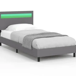 IDMarket Lit simple NEO avec tête de lit LED intégrées et sommier 90 x 190 cm PVC gris Best