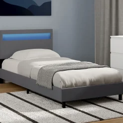 IDMarket Lit simple NEO avec tête de lit LED intégrées et sommier 90 x 190 cm PVC gris Best