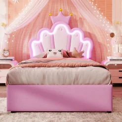 Okwish Lit Simple pour enfant 90 x 200 cm - Lit avec 2 Rangements - PU + MDF - Sans Matelas - Rose