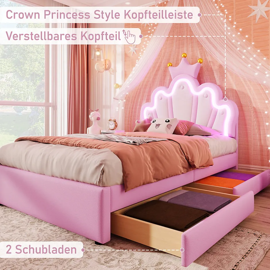 Okwish Lit Simple pour enfant 90 x 200 cm - Lit avec 2 Rangements - PU + MDF - Sans Matelas - Rose