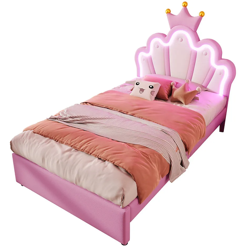 Okwish Lit Simple pour enfant 90 x 200 cm - Lit avec 2 Rangements - PU + MDF - Sans Matelas - Rose