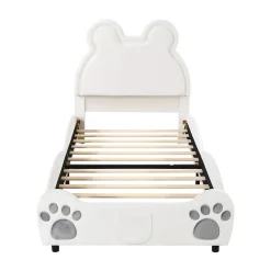 Okwish Lit simple pour enfant 90x200 cm - Lit capitonné en forme d'ours - Velours + Métal + MDF - Sans matelas - Blanc Clearance
