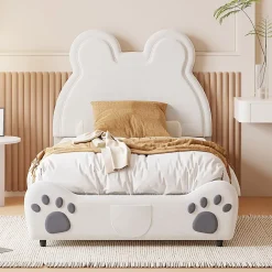 Okwish Lit simple pour enfant 90x200 cm - Lit capitonné en forme d'ours - Velours + Métal + MDF - Sans matelas - Blanc Clearance
