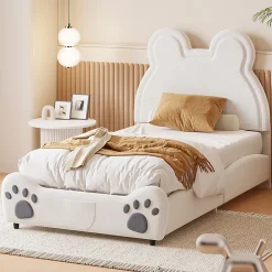 Okwish Lit simple pour enfant 90x200 cm - Lit capitonné en forme d'ours - Velours + Métal + MDF - Sans matelas - Blanc Clearance