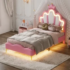Okwish Lit simple pour enfant 90x200 cm - Lit enfant avec bande lumineuse LED - MDF + Cuir synthétique + Métal - Sans matelas - Rose Best