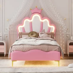 Okwish Lit simple pour enfant 90x200 cm - Lit enfant avec bande lumineuse LED - MDF + Cuir synthétique + Métal - Sans matelas - Rose Best