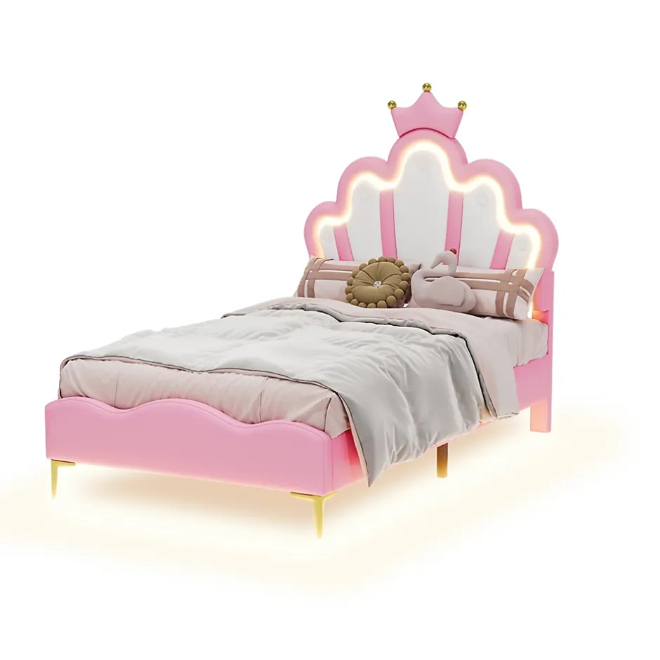 Okwish Lit simple pour enfant 90x200 cm - Lit enfant avec bande lumineuse LED - MDF + Cuir synthétique + Métal - Sans matelas - Rose Best