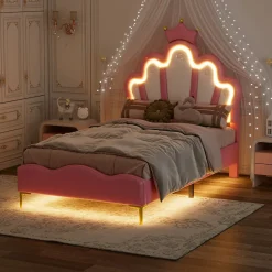 Okwish Lit simple pour enfant 90x200 cm - Lit enfant avec bande lumineuse LED - MDF + Cuir synthétique + Métal - Sans matelas - Rose Best