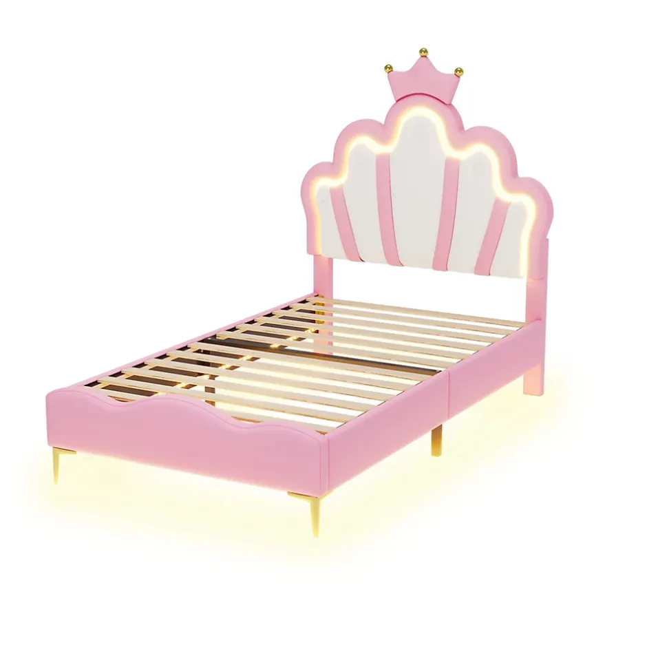 Okwish Lit simple pour enfant 90x200 cm - Lit enfant avec bande lumineuse LED - MDF + Cuir synthétique + Métal - Sans matelas - Rose Best