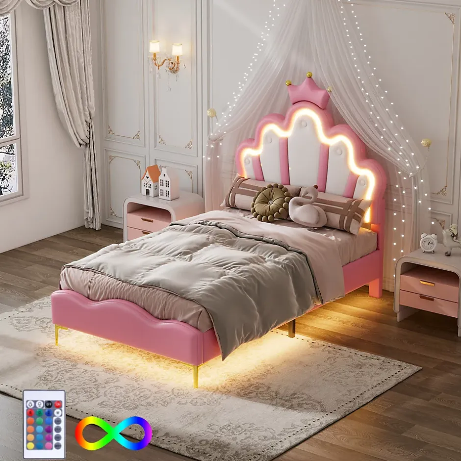 Okwish Lit simple pour enfant 90x200 cm - Lit enfant avec bande lumineuse LED - MDF + Cuir synthétique + Métal - Sans matelas - Rose Best