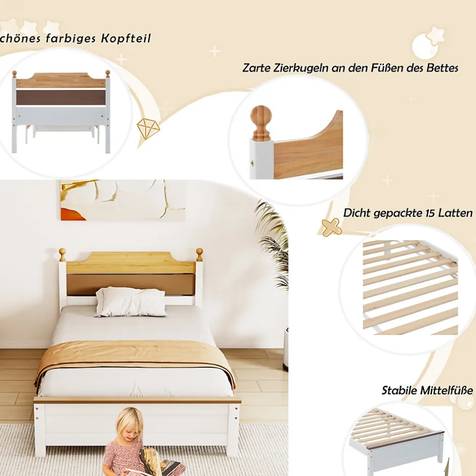 Enfant Okwish Lit simple pour enfant 90x200 cm - Lit avec tête et pied de lit - Pin + MDF - Sans matelas - Blanc