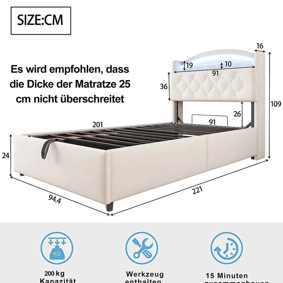 Redom Lit simple rembourré 90 sur 200 en velours avec LED port USB et rangement multifonctionnel couleur beige Best