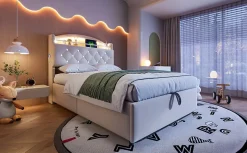 Redom Lit simple rembourré 90 sur 200 en velours avec LED port USB et rangement multifonctionnel couleur beige Best