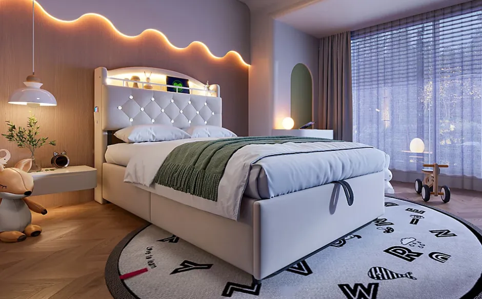 Redom Lit simple rembourré 90 sur 200 en velours avec LED port USB et rangement multifonctionnel couleur beige Best