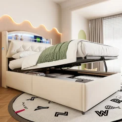 Redom Lit simple rembourré 90 sur 200 en velours avec LED port USB et rangement multifonctionnel couleur beige Best