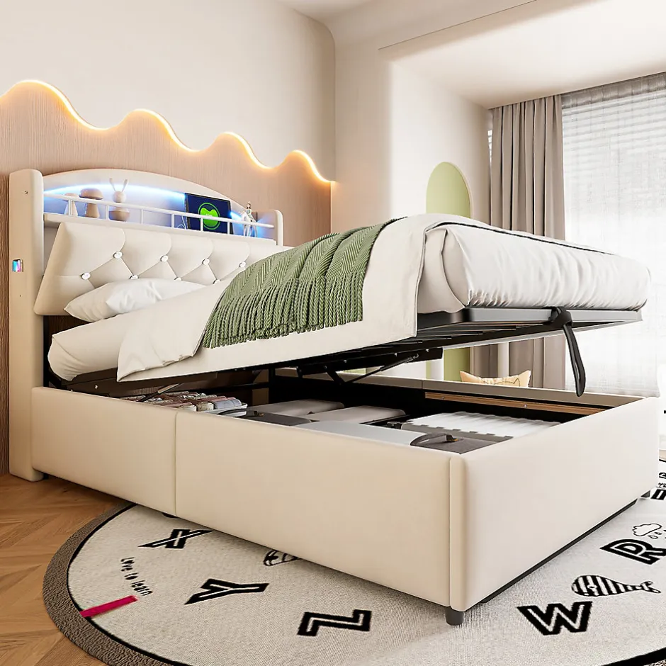 Redom Lit simple rembourré 90 sur 200 en velours avec LED port USB et rangement multifonctionnel couleur beige Best