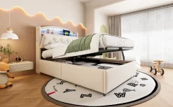 Redom Lit simple rembourré 90 sur 200 en velours avec LED port USB et rangement multifonctionnel couleur beige Best