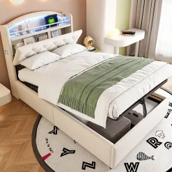 Redom Lit simple rembourré 90 sur 200 en velours avec LED port USB et rangement multifonctionnel couleur beige Best