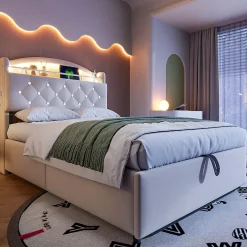 Redom Lit simple rembourré 90 sur 200 en velours avec LED port USB et rangement multifonctionnel couleur beige Best