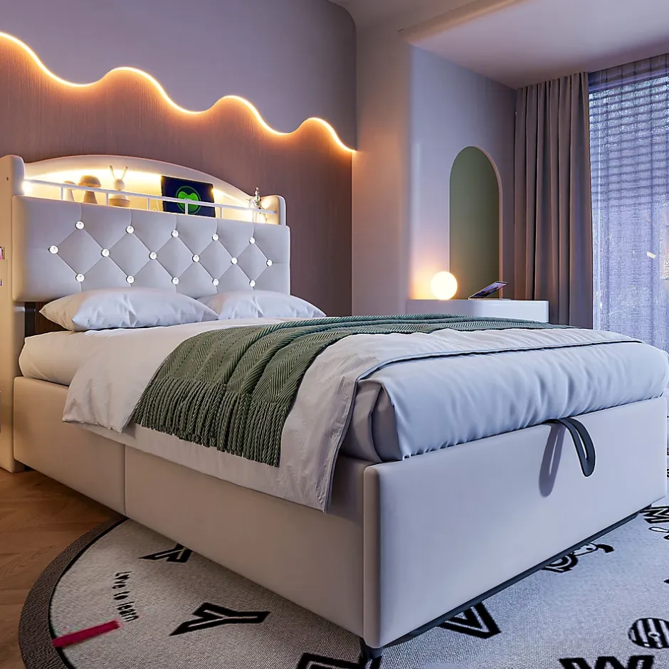 Redom Lit simple rembourré 90 sur 200 en velours avec LED port USB et rangement multifonctionnel couleur beige Best