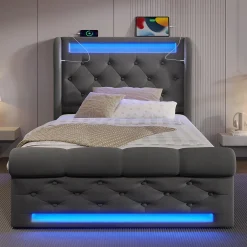 Seyakany Lit simple rembourré avec éclairage LED,ports USB et Type-C,lit coffre hydraulique,cadre de lit 90x200cm,velours,gris