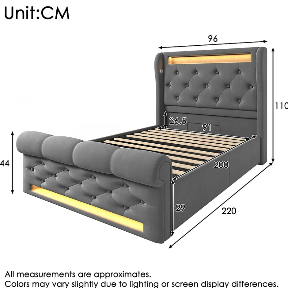 Seyakany Lit simple rembourré avec éclairage LED,ports USB et Type-C,lit coffre hydraulique,cadre de lit 90x200cm,velours,gris