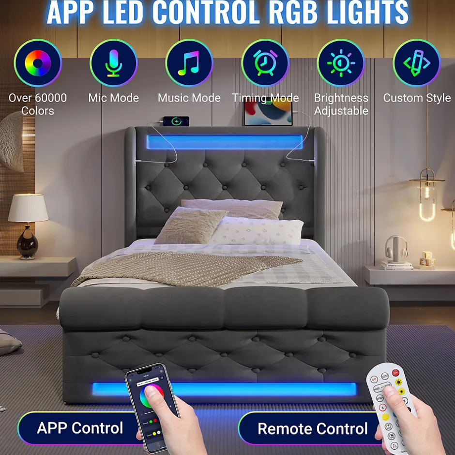 Seyakany Lit simple rembourré avec éclairage LED,ports USB et Type-C,lit coffre hydraulique,cadre de lit 90x200cm,velours,gris