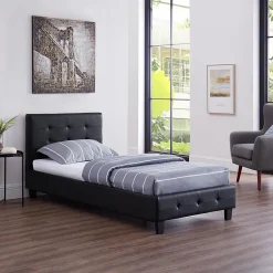 Idimex Lit simple REVE, 90 x 190 cm, capitonné avec sommier, revêtement synthétique noir