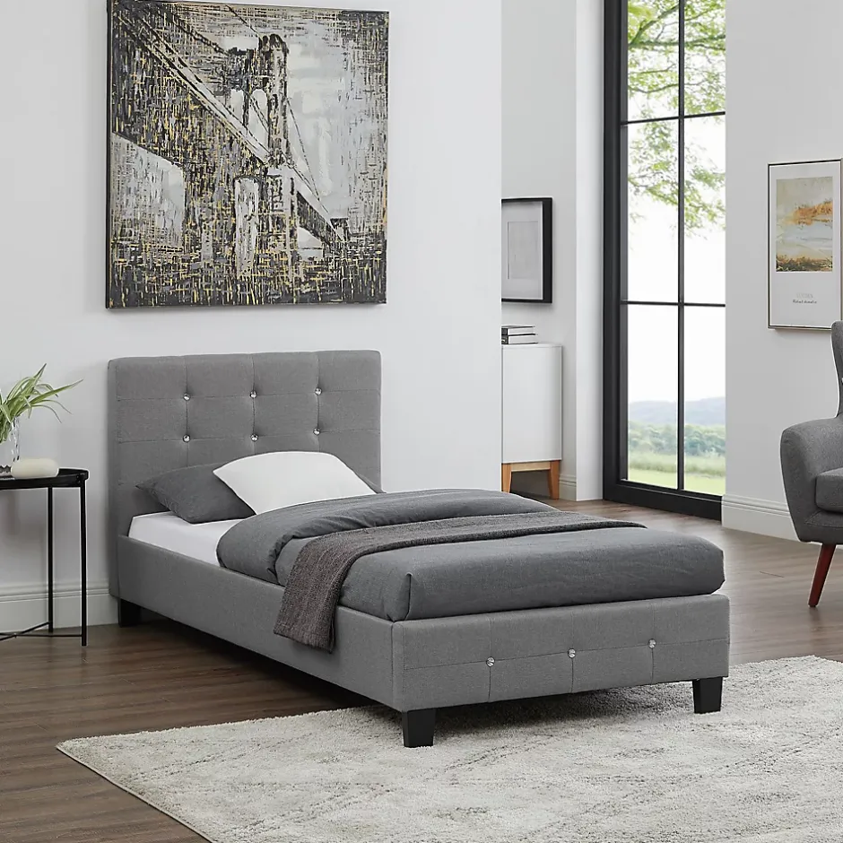 Idimex Lit simple TICO, 90 x 190 cm, capitonné avec sommier, revêtement en tissu gris Outlet
