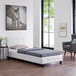 Idimex Lit simple TICO, 90 x 190 cm, capitonné avec sommier, revêtement synthétique blanc