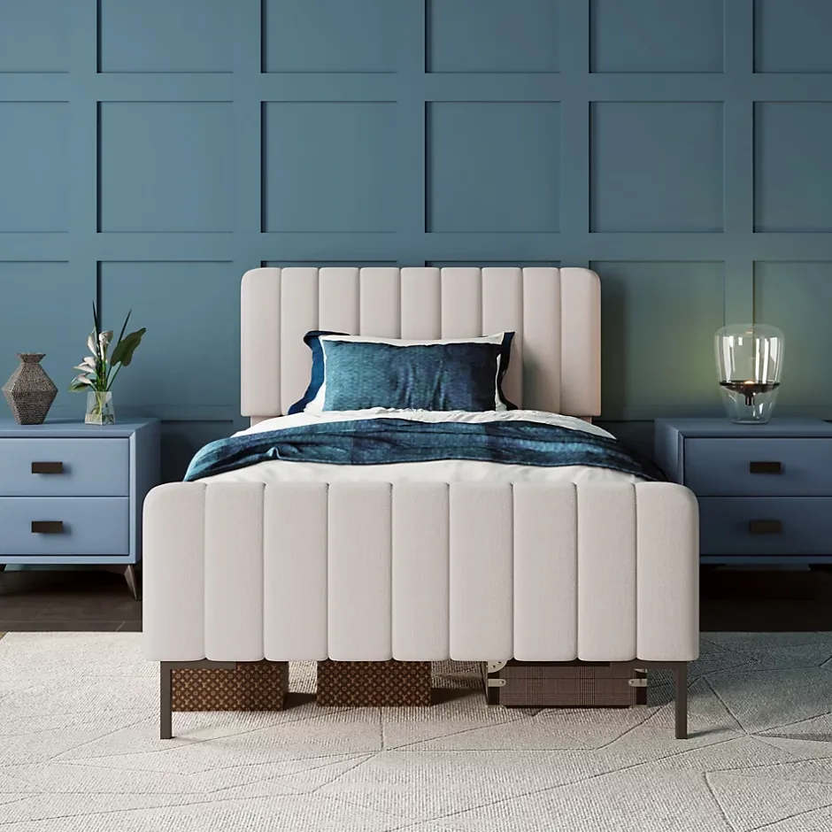 Okwish Lit simple 90x200 - Lit rembourré avec cadre en bois et métal - Lin - Sans Matelas - Beige Hot
