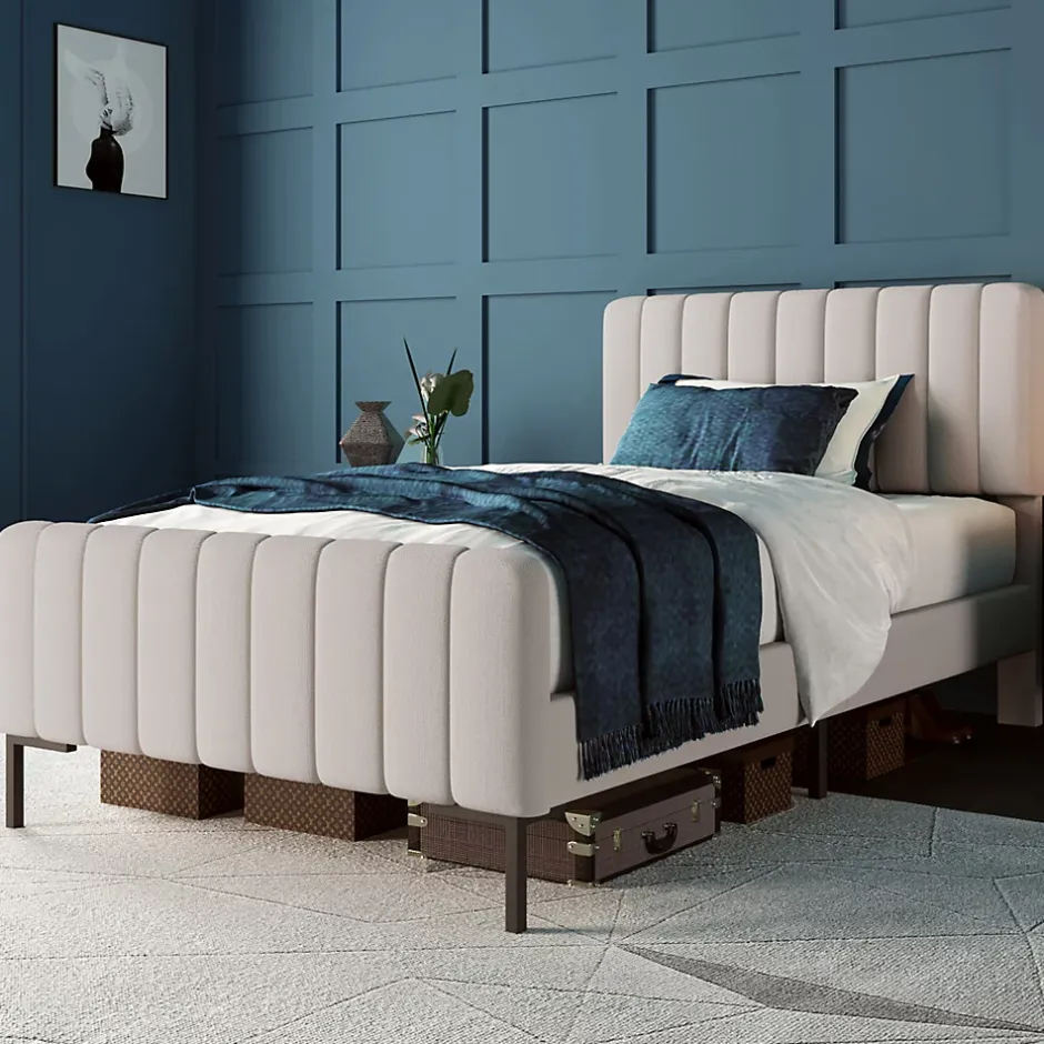 Okwish Lit simple 90x200 - Lit rembourré avec cadre en bois et métal - Lin - Sans Matelas - Beige Hot