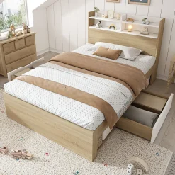Okwish Lit Simple 90x190 cm - 2 Tiroirs et Étagères, Tête de Lit avec Rangement, en Bois Partiel Massif - Sans Matelas - Blanc