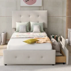 Okwish Lit Simple 90x200 cm - avec 2 Tiroirs Pratiques, Tissu Velours Doux, Sans Matelas, Beige