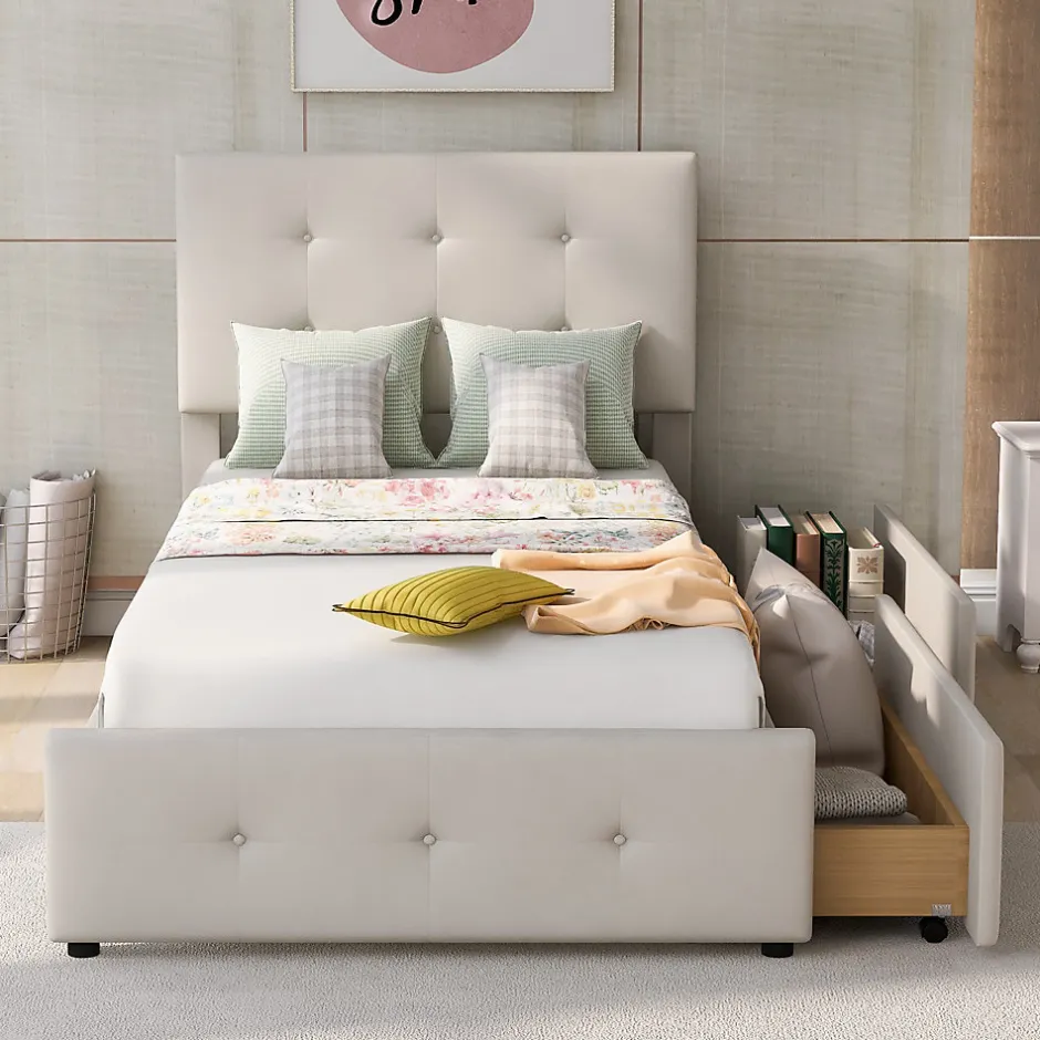 Okwish Lit Simple 90x200 cm - avec 2 Tiroirs Pratiques, Tissu Velours Doux, Sans Matelas, Beige