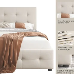 Okwish Lit Simple 90x200 cm - avec 2 Tiroirs Pratiques, Tissu Velours Doux, Sans Matelas, Beige
