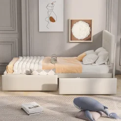 Okwish Lit Simple 90x200 cm - avec 2 Tiroirs Pratiques, Tissu Velours Doux, Sans Matelas, Beige