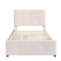 Okwish Lit Simple 90x200 cm - avec 2 Tiroirs Pratiques, Tissu Velours Doux, Sans Matelas, Beige