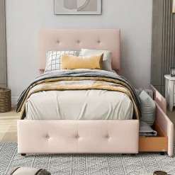 Enfant Okwish Lit Simple 90x200 cm - avec 2 Tiroirs, Sans Matelas, Lit Confortable en Velours Doux pour enfant ou Adulte, Rose