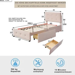 Enfant Okwish Lit Simple 90x200 cm - avec 2 Tiroirs, Sans Matelas, Lit Confortable en Velours Doux pour enfant ou Adulte, Rose