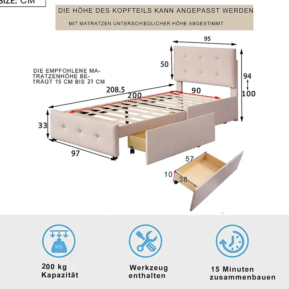 Enfant Okwish Lit Simple 90x200 cm - avec 2 Tiroirs, Sans Matelas, Lit Confortable en Velours Doux pour enfant ou Adulte, Rose