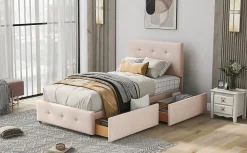 Enfant Okwish Lit Simple 90x200 cm - avec 2 Tiroirs, Sans Matelas, Lit Confortable en Velours Doux pour enfant ou Adulte, Rose