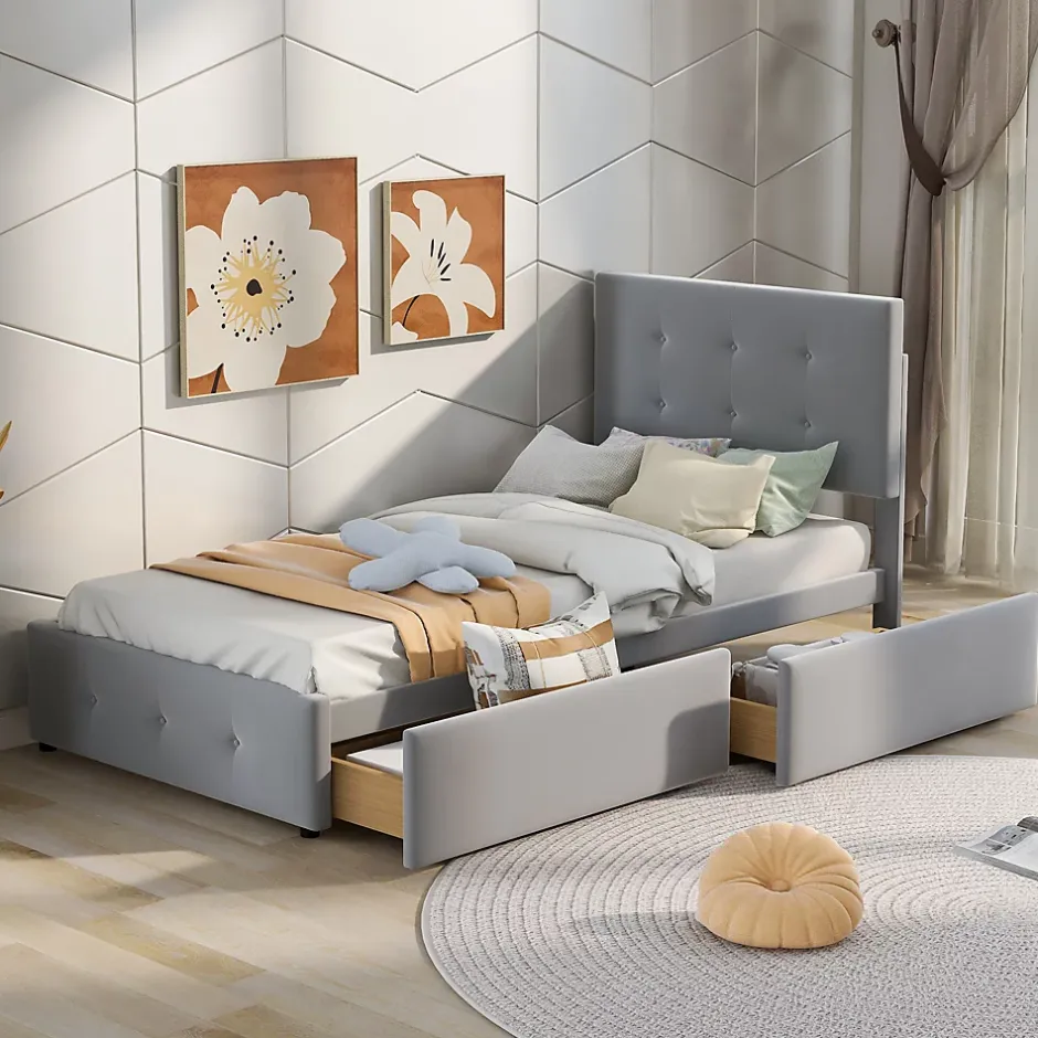 Okwish Lit Simple 90x200 cm - avec 2 Tiroirs Pratique, Sans Matelas, Lit Confortable en Velours Gris Sale