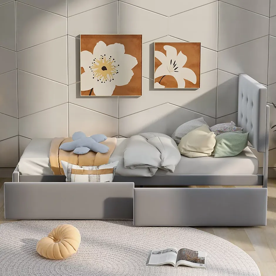 Okwish Lit Simple 90x200 cm - avec 2 Tiroirs Pratique, Sans Matelas, Lit Confortable en Velours Gris Sale