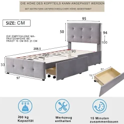 Okwish Lit Simple 90x200 cm - avec 2 Tiroirs Pratique, Sans Matelas, Lit Confortable en Velours Gris Sale