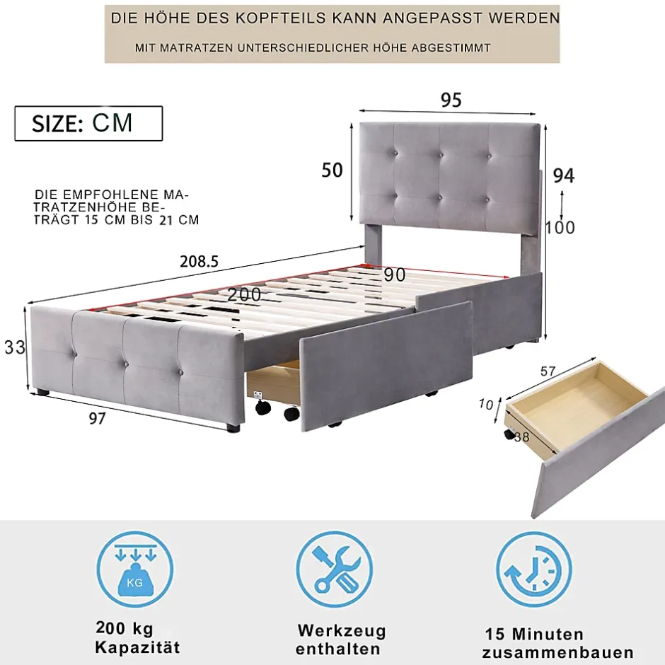 Okwish Lit Simple 90x200 cm - avec 2 Tiroirs Pratique, Sans Matelas, Lit Confortable en Velours Gris Sale