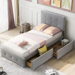 Okwish Lit Simple 90x200 cm - avec 2 Tiroirs Pratique, Sans Matelas, Lit Confortable en Velours Gris Sale
