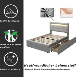 Okwish Lit Simple 90x200 cm - avec 2 Tiroirs et Éclairage LED, Lit Confortable en Lin Gris, Rangement Sous Le Lit, Sans Matelas New