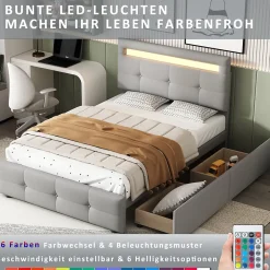 Okwish Lit Simple 90x200 cm - avec 2 Tiroirs et Éclairage LED, Lit Confortable en Lin Gris, Rangement Sous Le Lit, Sans Matelas New